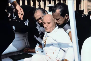 Pope John Paul II collapses after being shot on May 13, 1981, in St. Peter’s Square